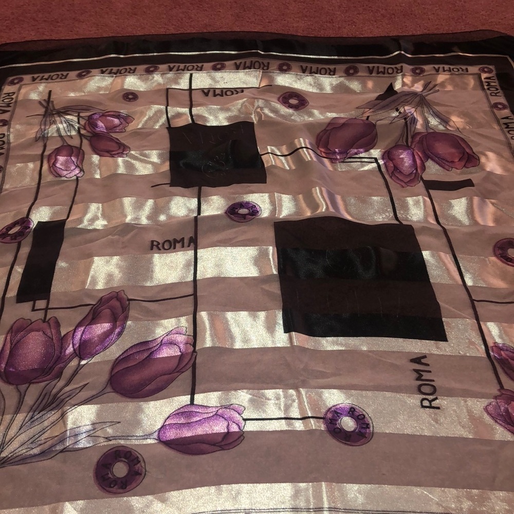 Roma Satin Floral Tulip Print Scarf in Purple, Black and Cream